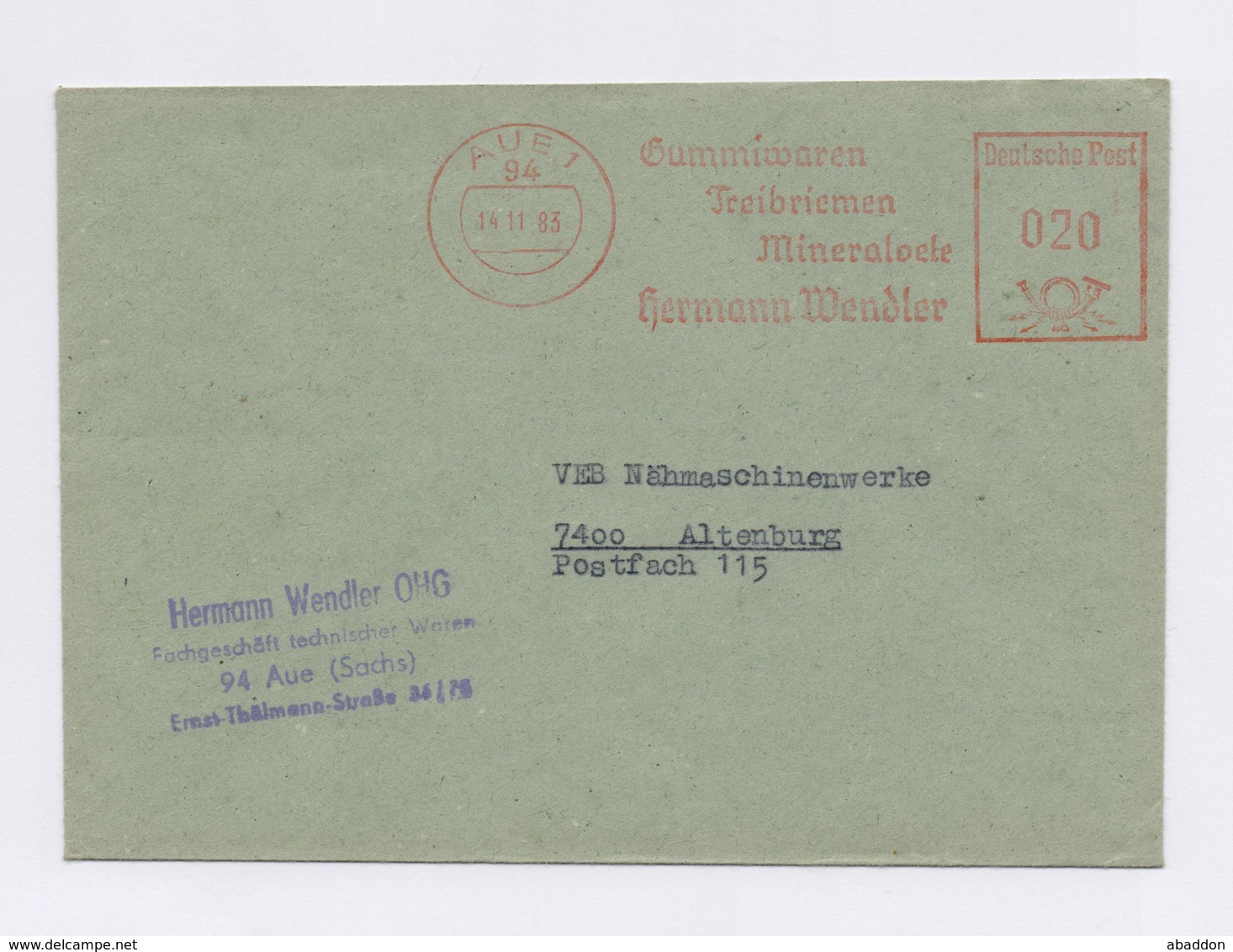 DDR AFS - AUE, Gummiwaren Treibriemen Mineraloele Hermann Wendler Auf Brief 1983 - Maschinenstempel (EMA)