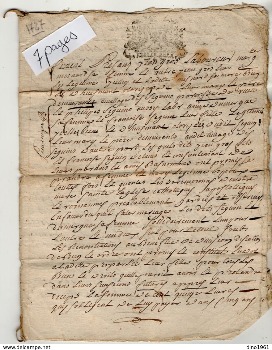 VP13.275 - Cachet Généralité De ? - Acte De 1727 - RUELLE SUR TOUVRE - Généalogie - Contrat De Mariage à Déchiffrer - Seals Of Generality