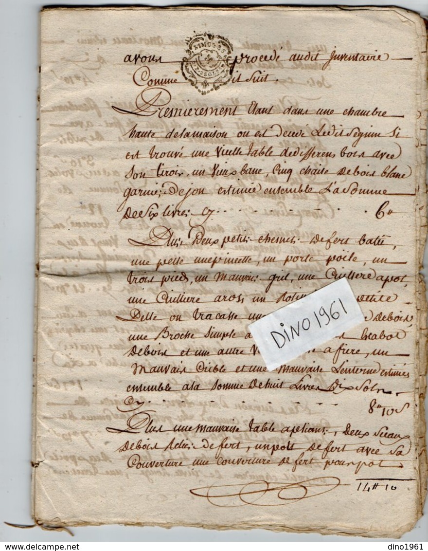 VP13.276 - Cachet Généralité De LIMOGES - Acte De 1789 - Inventaire Veuve Jean GROS à RUELLE SUR TOUVRE - Seals Of Generality