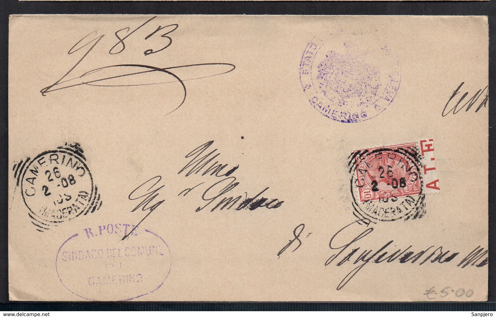 ITALY ITALIA ITALIEN 1908. Postal History Envelope Use By The Municipality CAMERINO MACERATA S. SEVERINO MARCHE - Sonstige & Ohne Zuordnung