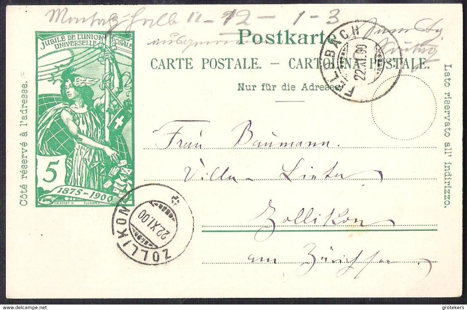 SWITZERLAND 1900 Ganzsache/Postal Stationery Postkarte (Mi) P32 Von FELDBACH Nach ZOLLIKON - Postwaardestukken