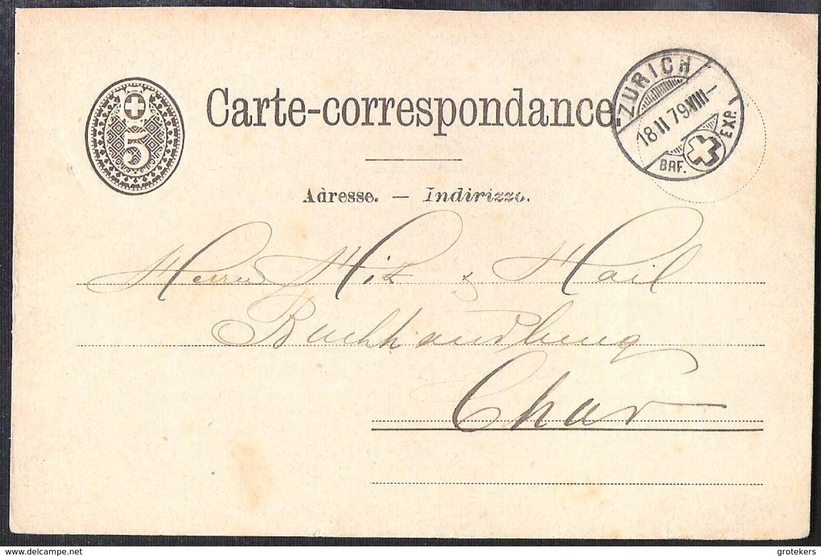 SWITZERLAND 1879 Ganzsache/Postal Stationery Postkarte (Mi) P10 Von ZURICH Nach CHUR - Postwaardestukken