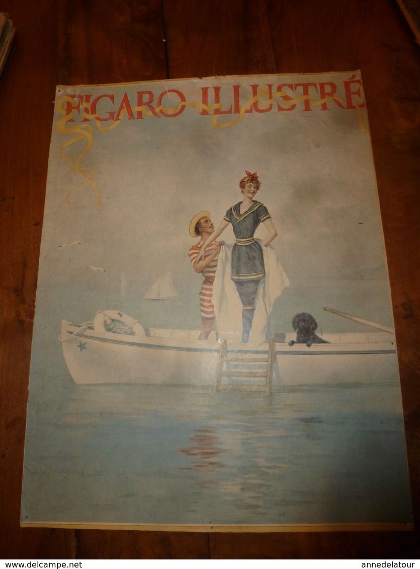 édit. Origine 1895 Rare Plaque Publicitaire Du FIGARO ILLUSTRÉ 52cm X 32cm :Litho: Jeune Couple Sur Une Barque - Plaques En Carton