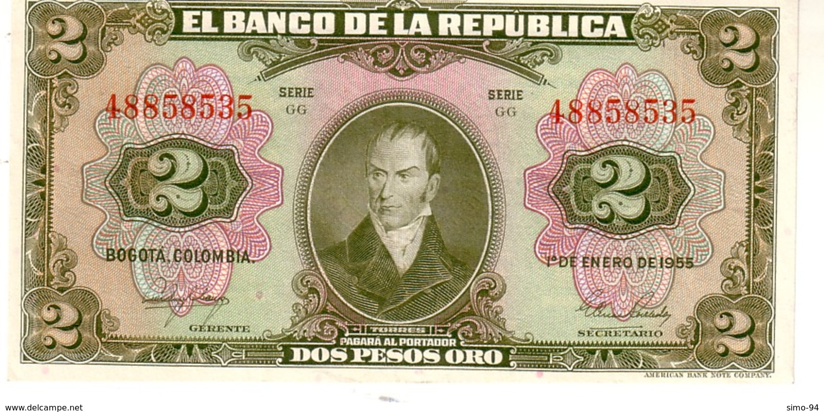 Colombia P.390 2 Pesos 1955 A-unc - Colombia