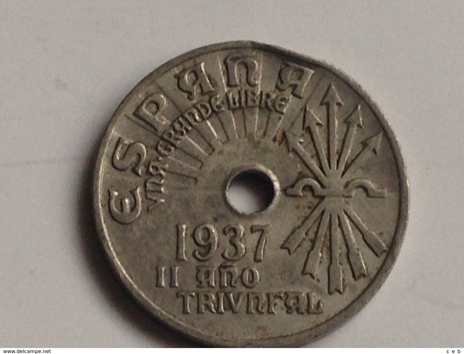 Moneda 25 Céntimos. 1937. Falange. Guerra Civil. II Año Triunfal. España. General Franco. Original. Hecha En Viena - Zona Nazionalista