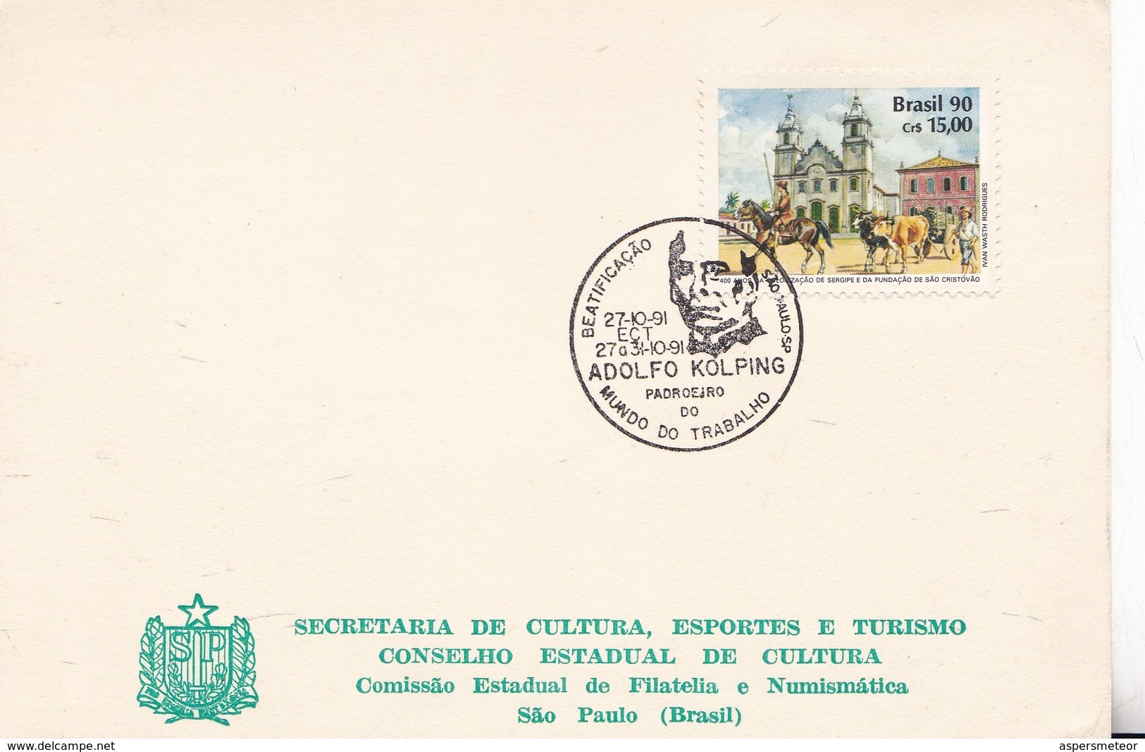 BEATIFICAÇAO ADOLFO KOLPING PADROEJRO DO MUNDO DO TRABALHO-SPECIAL COVER 1991 BRASIL SAO PAULO -BLEUP - Storia Postale