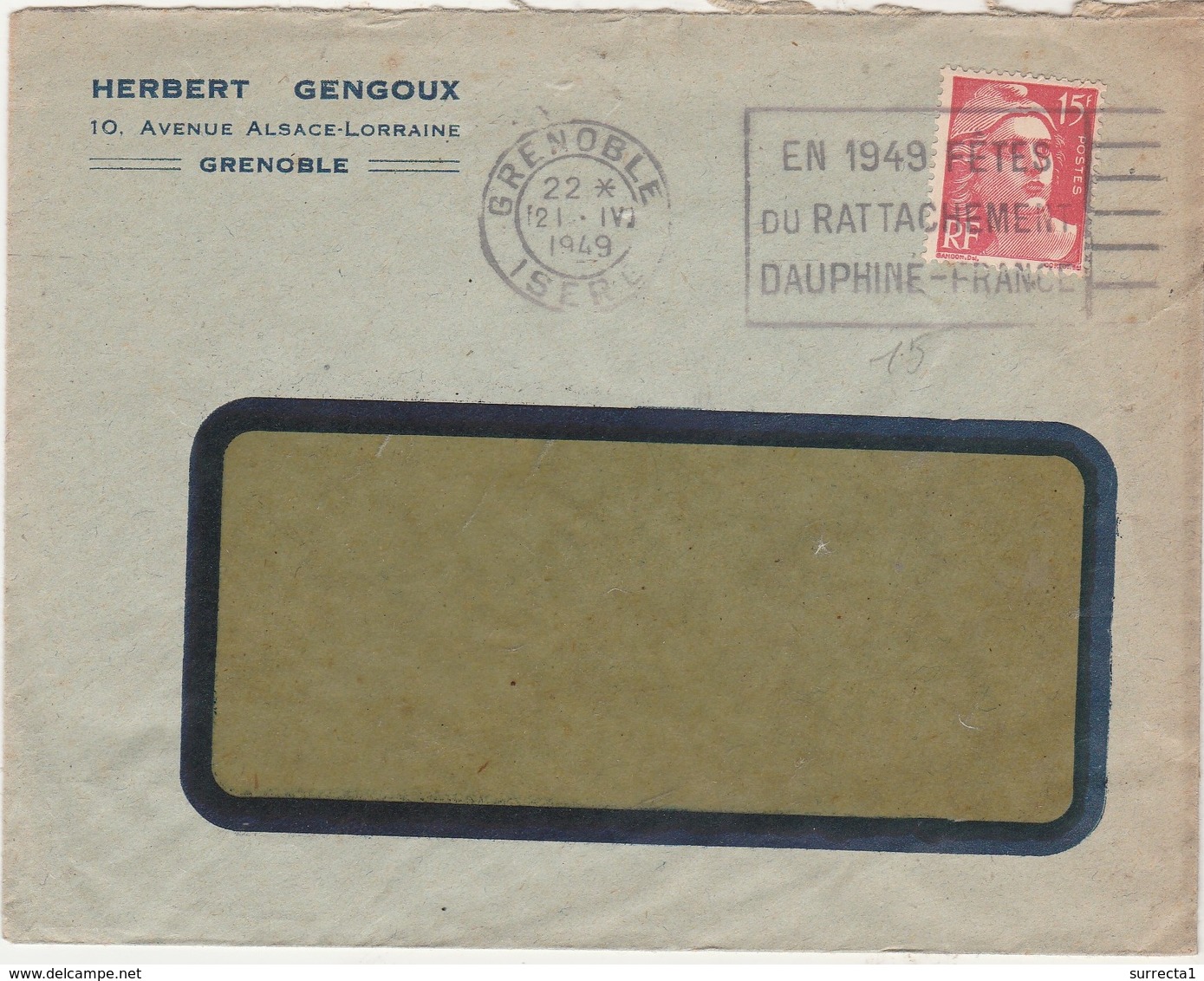 Enveloppe Commerciale 1949 / Herbert GENGOUX / 10 Als Lorraine / 38 Grenoble / Flamme Fêtes Rattachement Dauphiné - Other & Unclassified