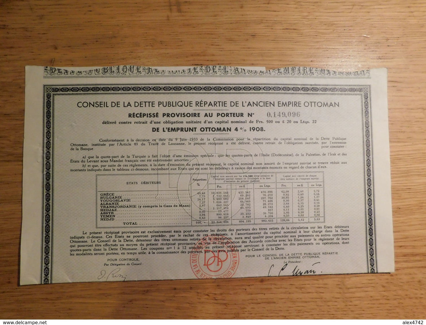 Conseil De La Dette Publique Répartie De L'ancien Empire Ottoman, Obligation De 500 Francs   (Box1) - Autres & Non Classés