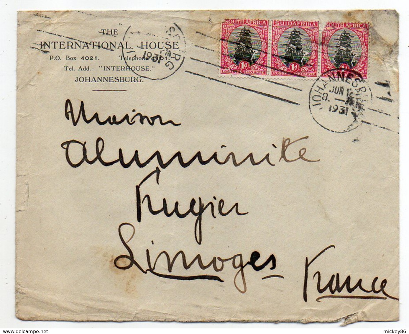 Afrique Du Sud-1931-lettre De Johannesbourg Pour LIMOGES (France)-oblitération Mécanique-timbres-personnalisée "I-House" - Non Classificati