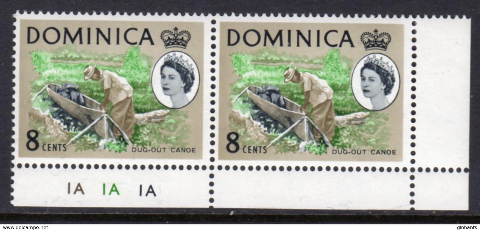 DOMINICA - 1963 QE II DEFINITIVE 8c STAMP PAIR WITH PLATE NO COLOUR CONTROLS FINE MNH ** SG168 X 2 - Dominica (...-1978)