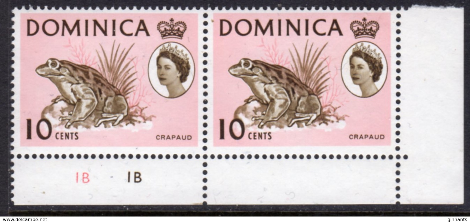 DOMINICA - 1963 QE II DEFINITIVE 10c STAMP PAIR WITH PLATE NO COLOUR CONTROLS FINE MNH ** SG169 X 2 - Dominica (...-1978)