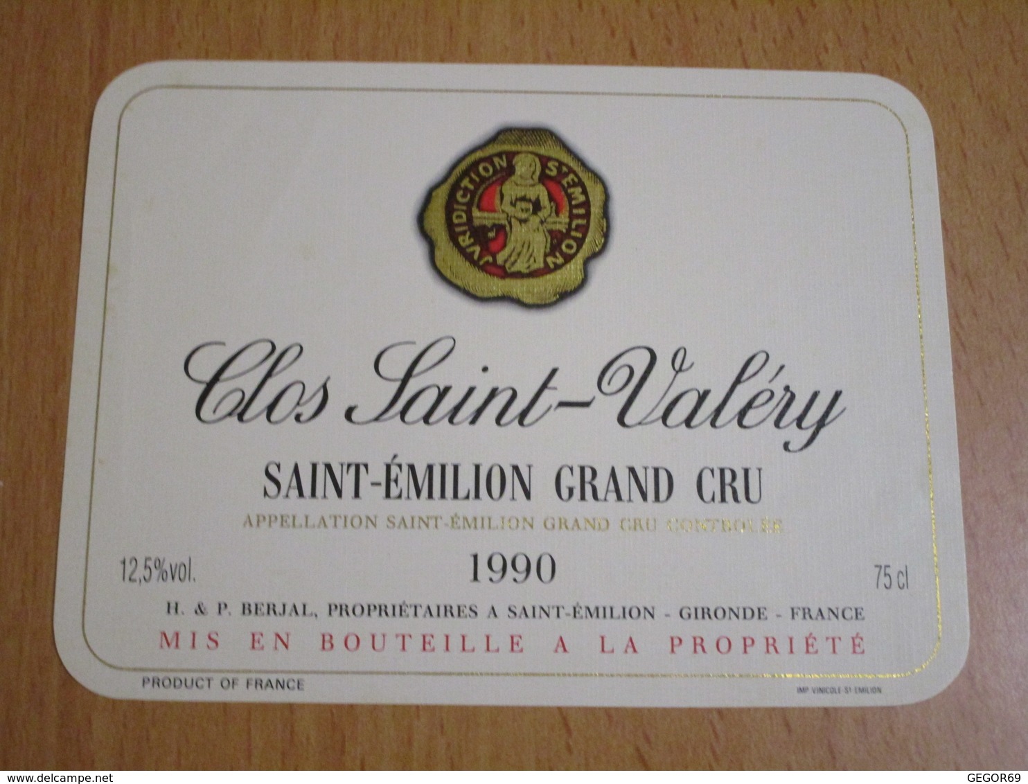 ETIQUETTE DE VIN SAINT-EMILION GRAND CRU CLOS SAINT-VALERY 1990 - Bordeaux