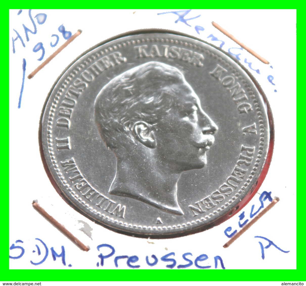 PREUSSEN - WILHELM II DEUTSCHER KAISERKÖNIG VON PREUSSEN 5 DM AÑO 1908 – CECA-A - 2, 3 & 5 Mark Silber