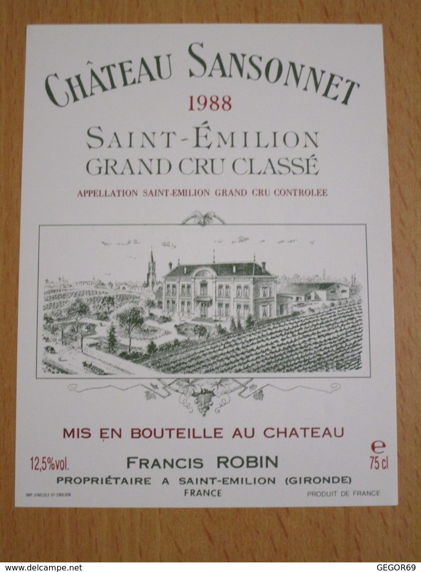 ETIQUETTE DE VIN SAINT-EMILION GRAND CRU CHATEAU SANSONNET 1988 - Bordeaux