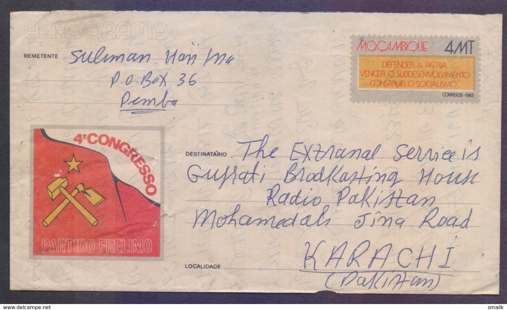 MOZAMBIQUE Postal History 1983, 4mt Aerogramme Stationery On 4th Congress PARTIDO FRELIMO, Used - Mozambique