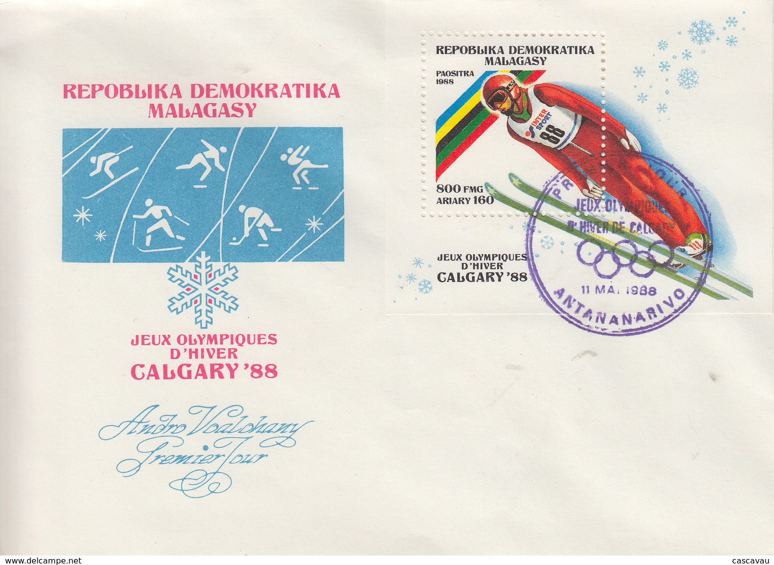 Enveloppe  FDC  1er  Jour   MADAGASCAR   Bloc  Feuillet   JEUX   OLYMPIQUES     CALGARY    1988 - Hiver 1988: Calgary