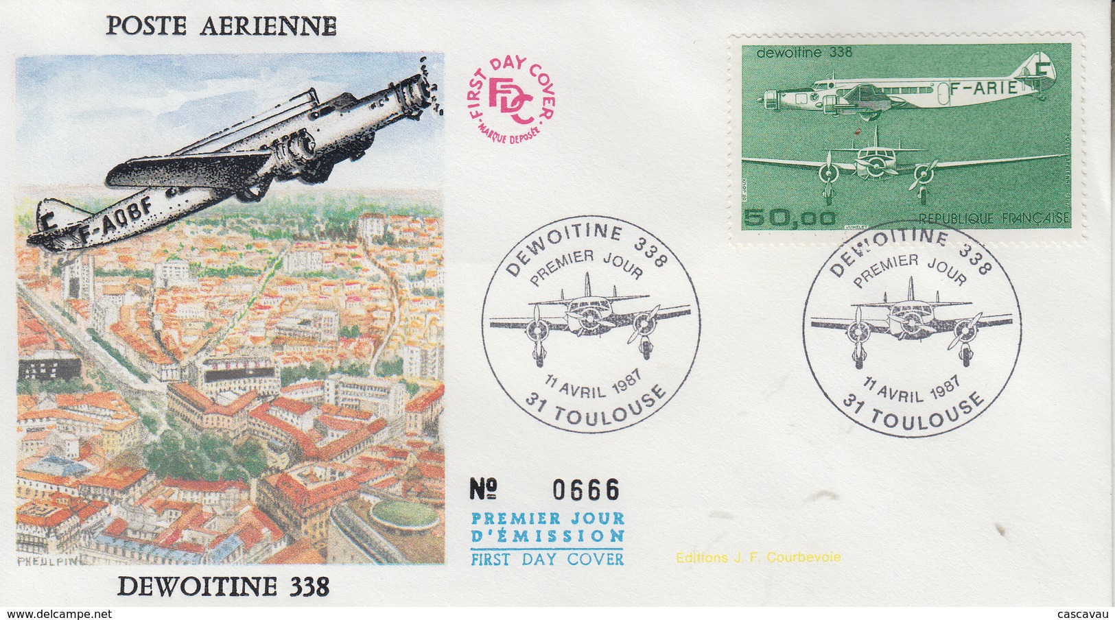 Enveloppe  FDC  1er Jour    FRANCE     Avion   DEWOITINE  338     TOULOUSE    1987 - 1980-1989