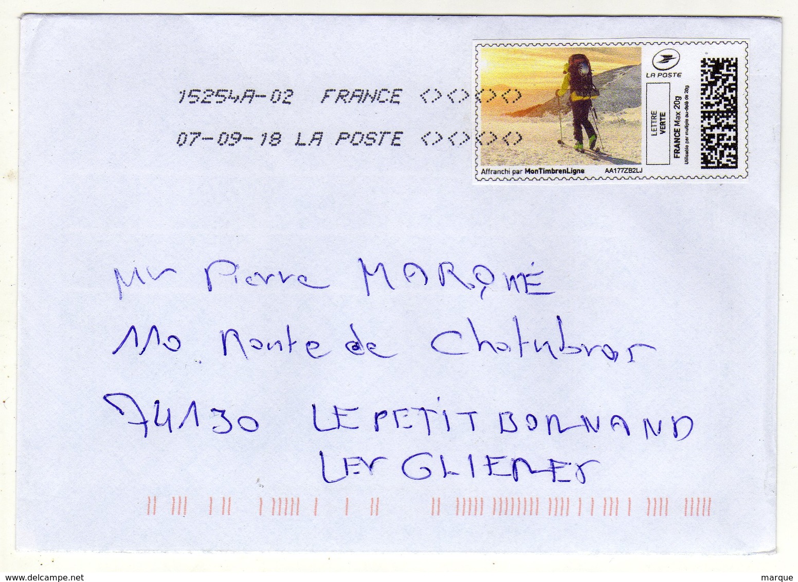 Enveloppe FRANCE Avec Vignette D' Affranchissement Lettre Verte Oblitération LA POSTE 15254A02 07/09/2018 - 2010-... Illustrated Franking Labels