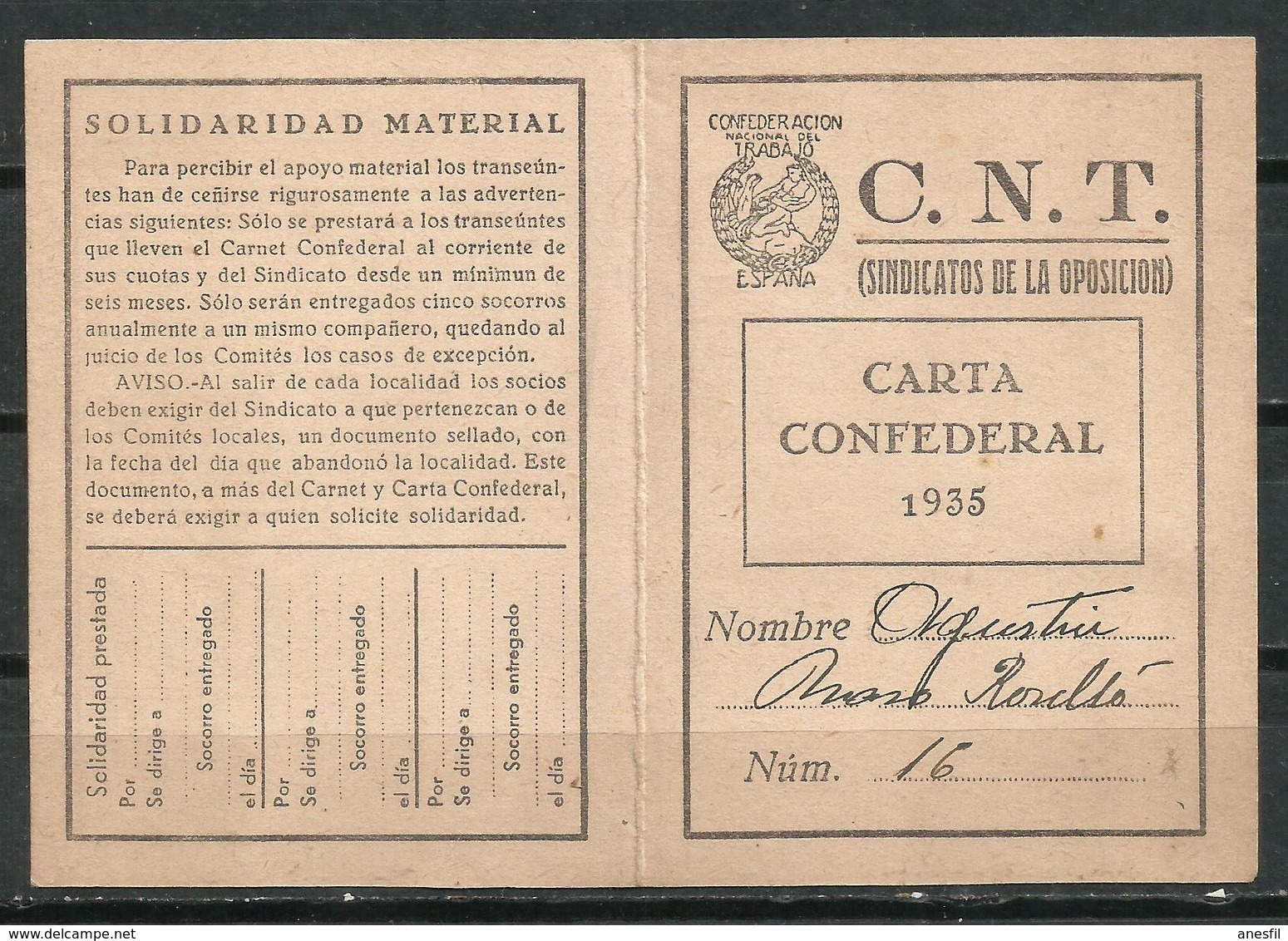 España. 1935. Carta Confederal De La CNT. (Confederación Nacional De Trabajo) - Documentos Históricos