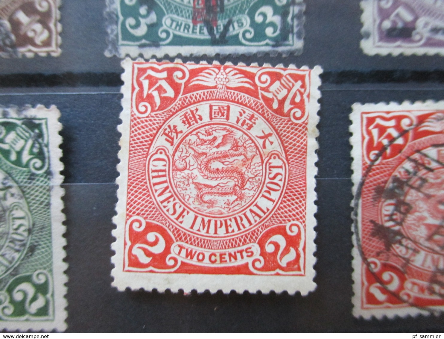 China Coiling Dragon / Drache 7 Marken davon 3 mit Aufdruck blau und rot! Schöner Stempel!!