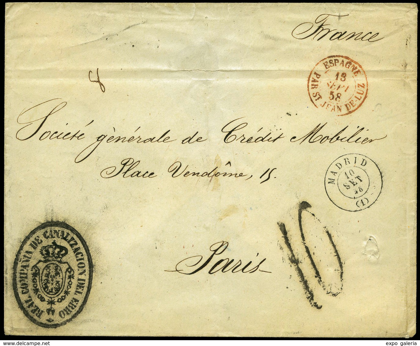 1858. Carta Cda De Madrid A Paris. Marca Ilustrada En El Frente “Real Compañía De Canalización Del Ebro” - Used Stamps