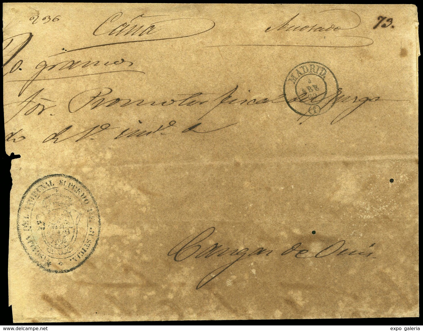 1860. Plica Cda A Cangas De Onis Con Marca “Juzgado Tribunal Supremo Madrid” - Used Stamps