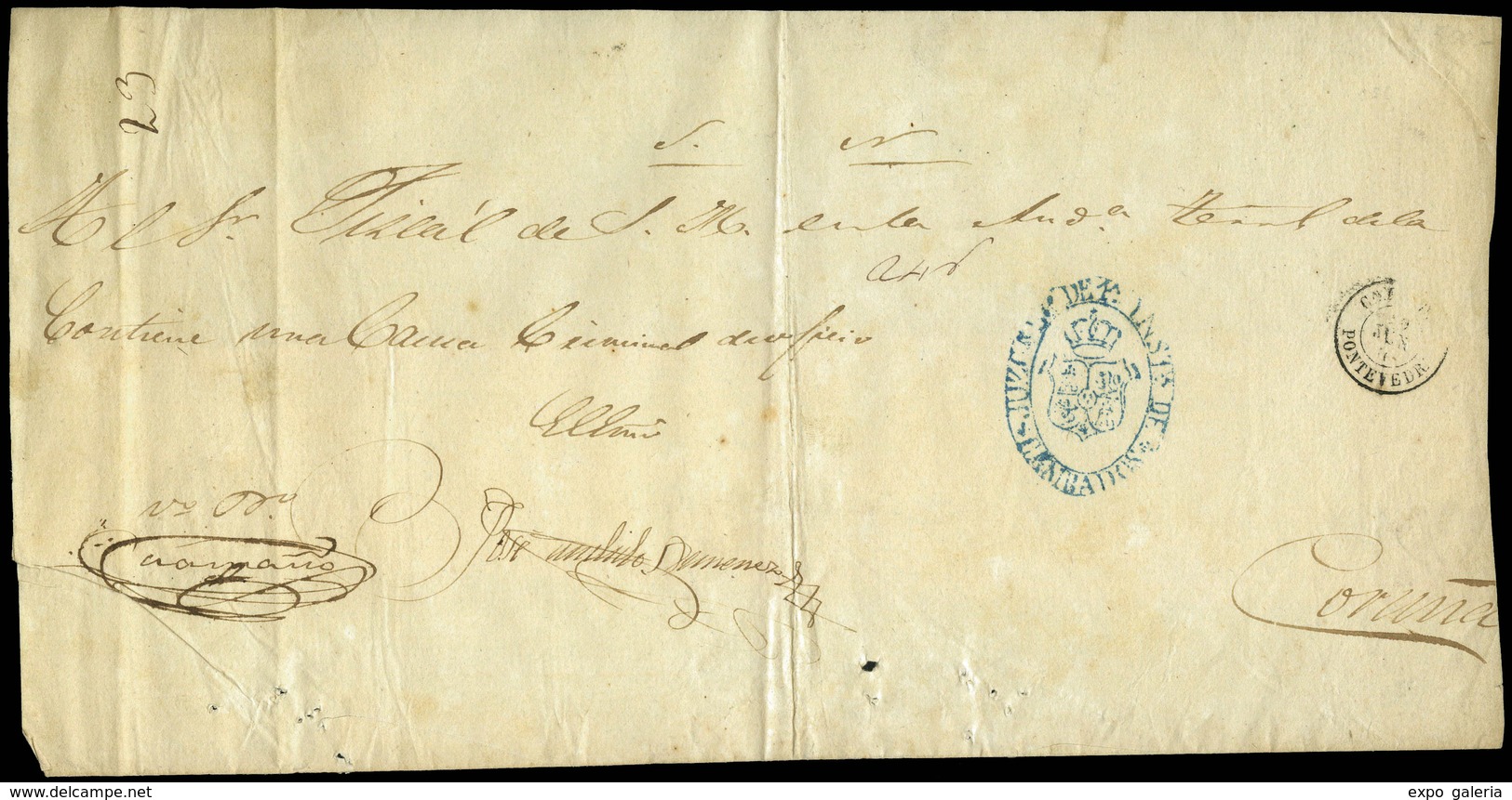 1860. Gran Plica Cda A La Coruña Con Marca “Juzgado 1ª Instancia Cambados” - Used Stamps