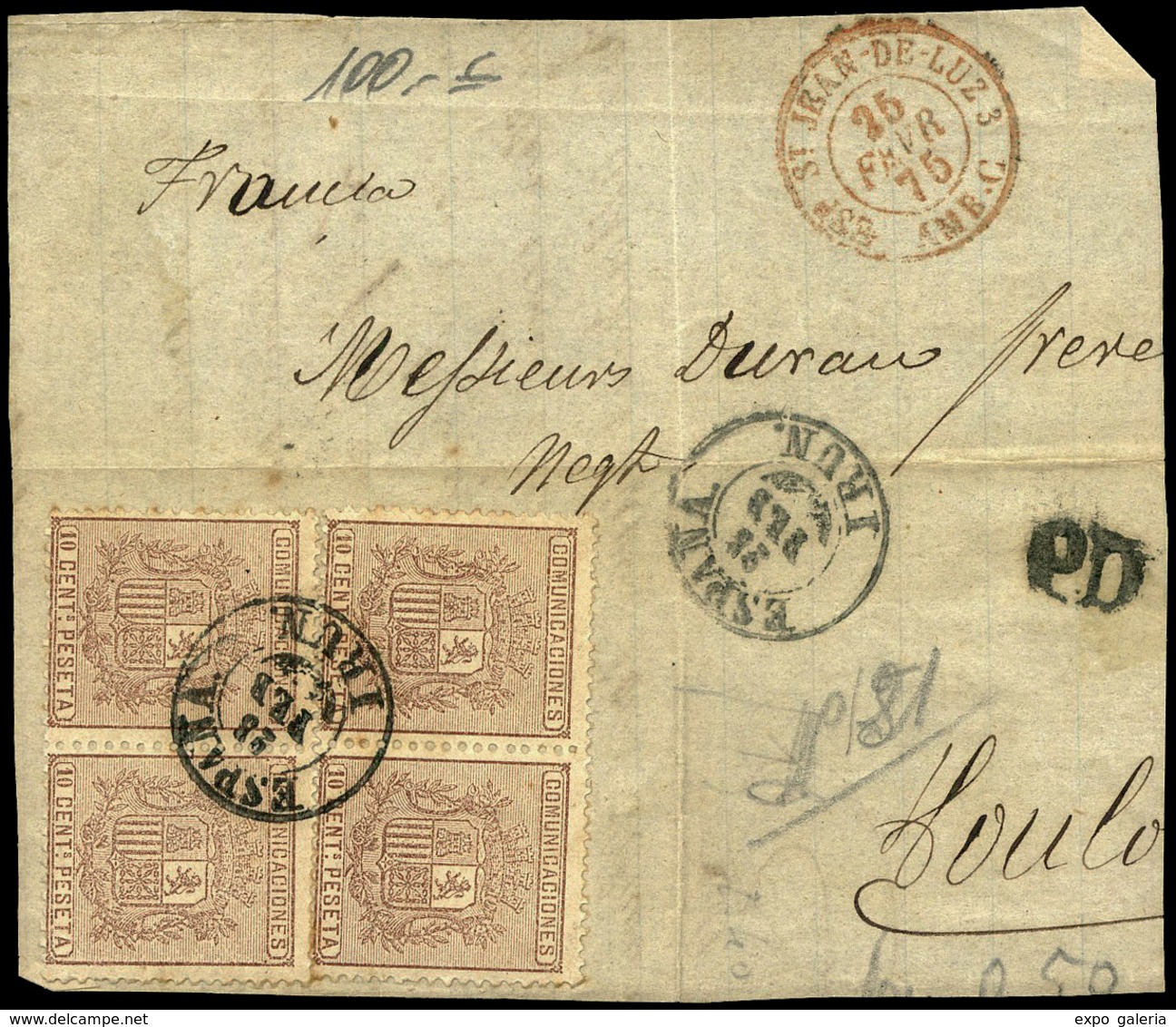 Ed. 153 Bl.4 Fragmento Con Bl. De 4 + Fechador “España-Irún” Raro. - Used Stamps