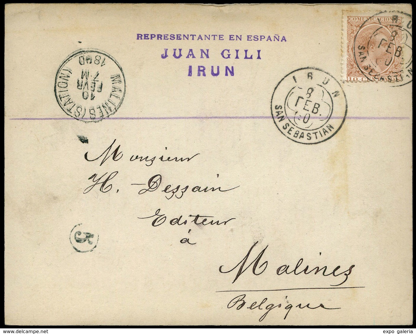 Ed. T.P. 217 1890. Tarjeta Publicitaria “Juan Gili-Irún” Cda A Belgica. Rara En Estas Fechas. - Ungebraucht