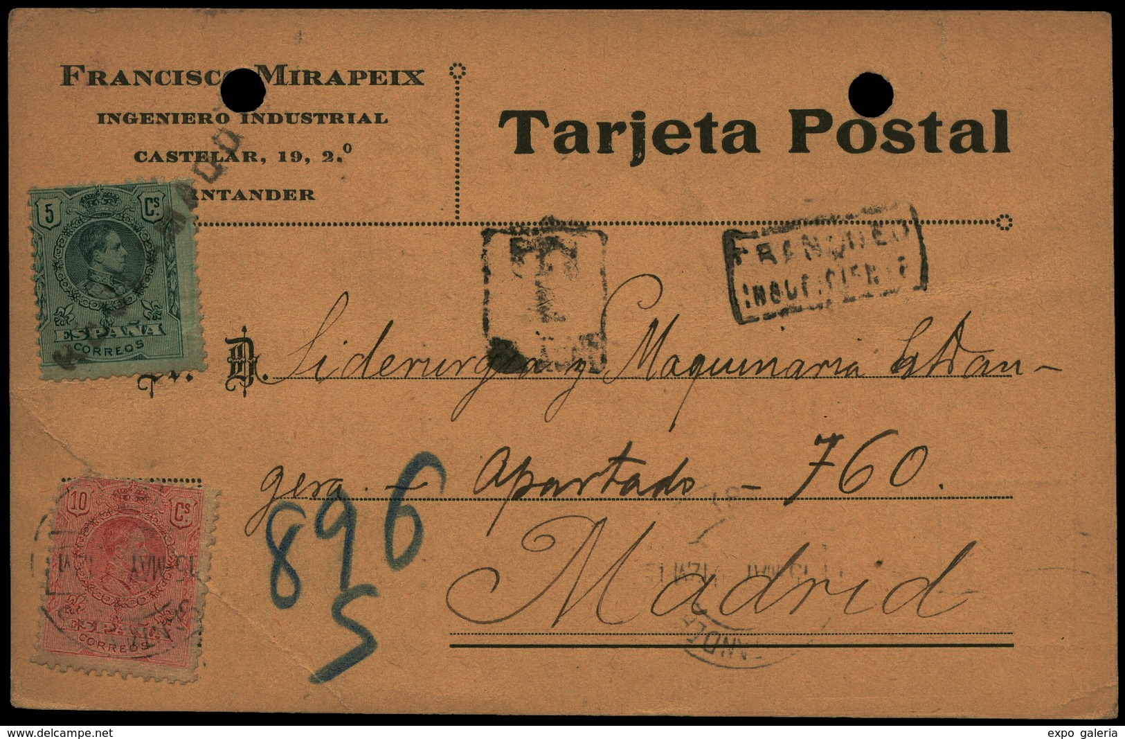 Ed. T.P.268-269 - Tarjeta Postal Cda De Santander A Madrid Utilizando Como Matasellos Un Lineal “Reclamado” - Unused Stamps