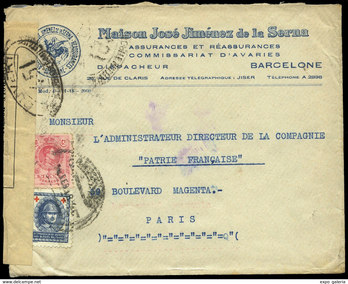 Ed. 276+viñeta - 1918. Carta Con Membrete “Maison Jose Jimenez De La Serna” Y Cda De Barcelona A Paris - Neufs