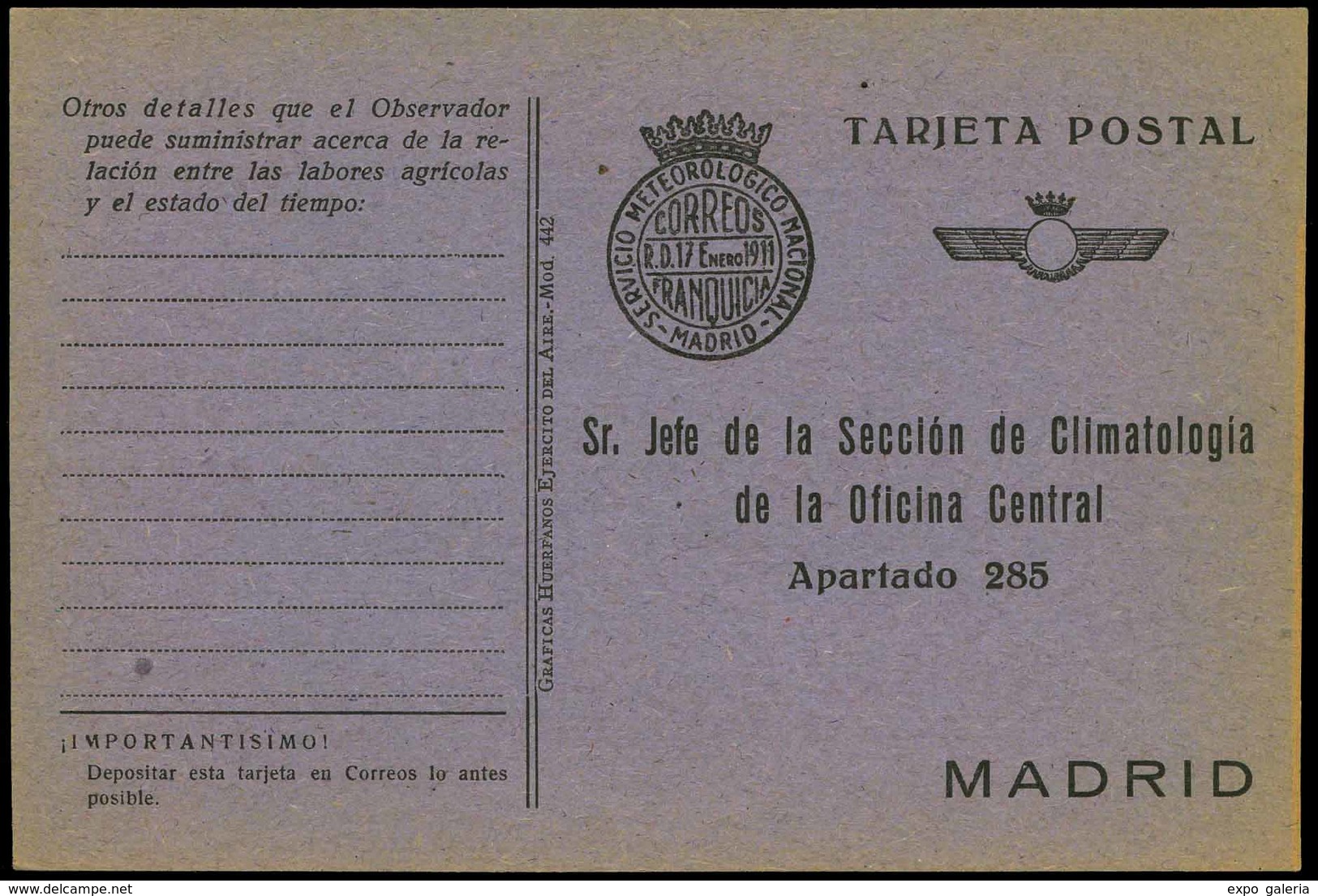 T.P. 1911. Tarjeta Postal Con Franquicia Impresa Del “Servicio Meteorológico Nacional” - Ungebraucht