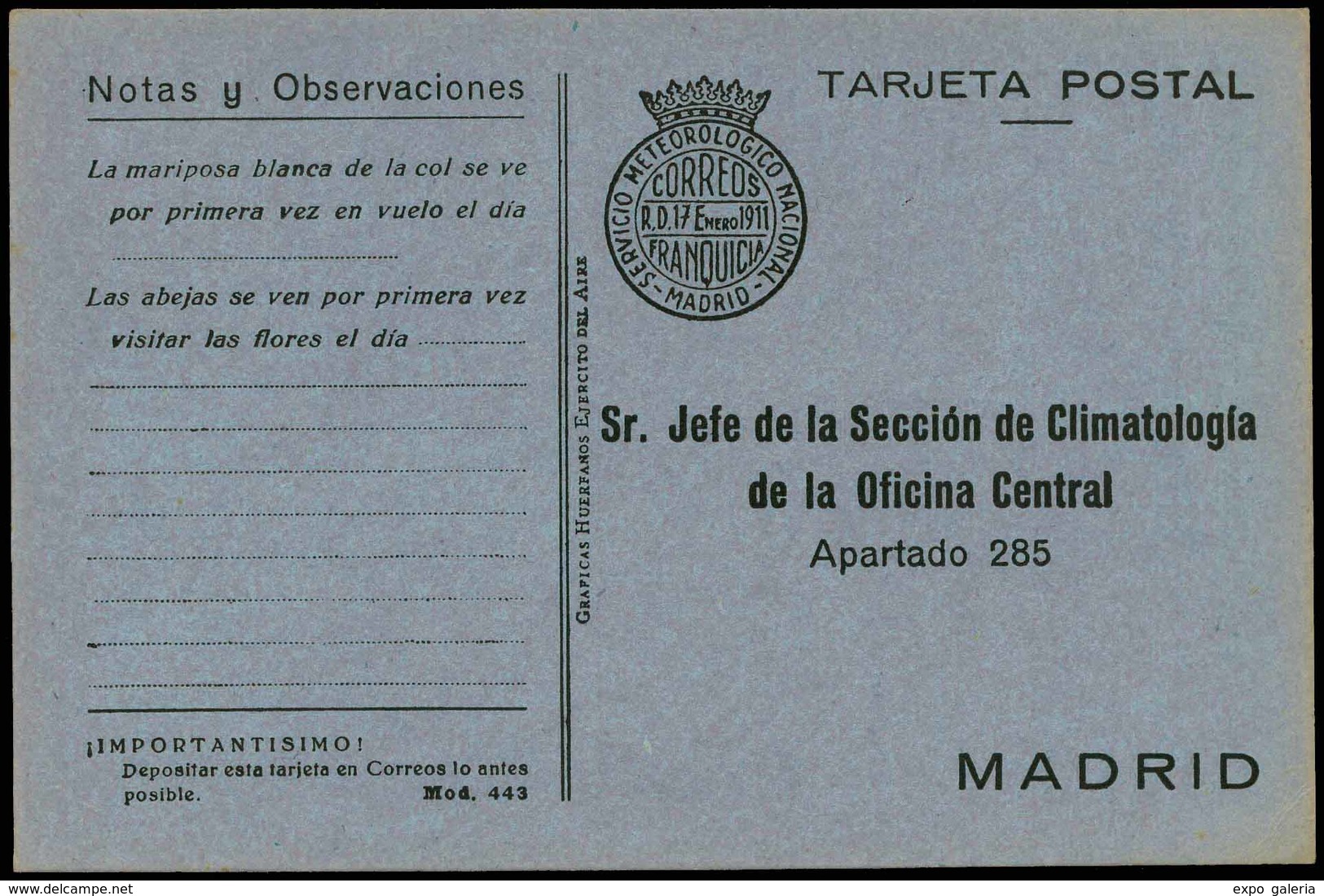 T.P 1911. Tarjeta Postal Con Franquicia Impresa Del Servicio Meteorológico Nacional - Ongebruikt
