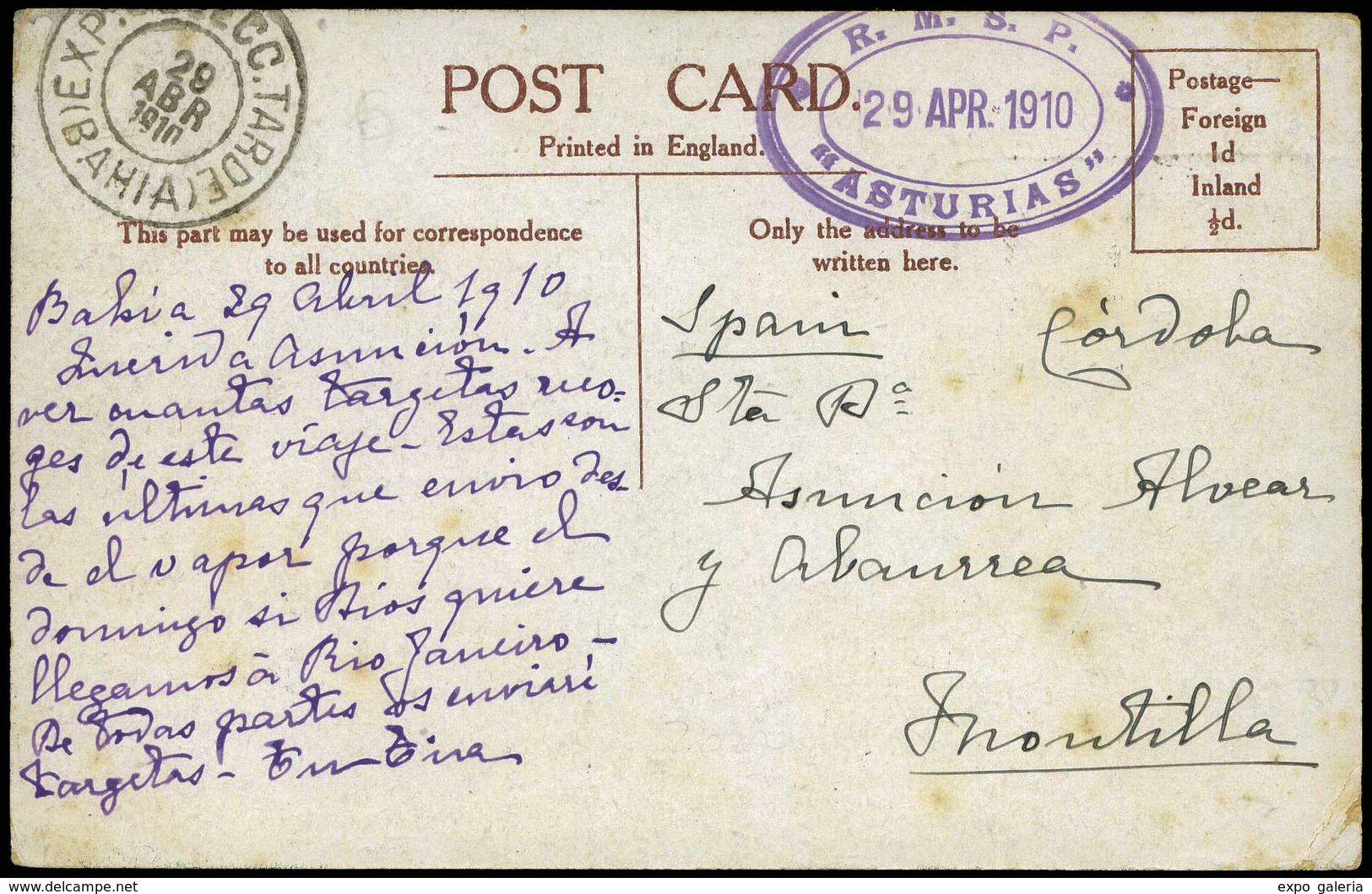 T.P. 1910. Tarjeta Postal Fechada En Bahía (Brasil) Y Cda A Montilla (Córdoba) - Unused Stamps