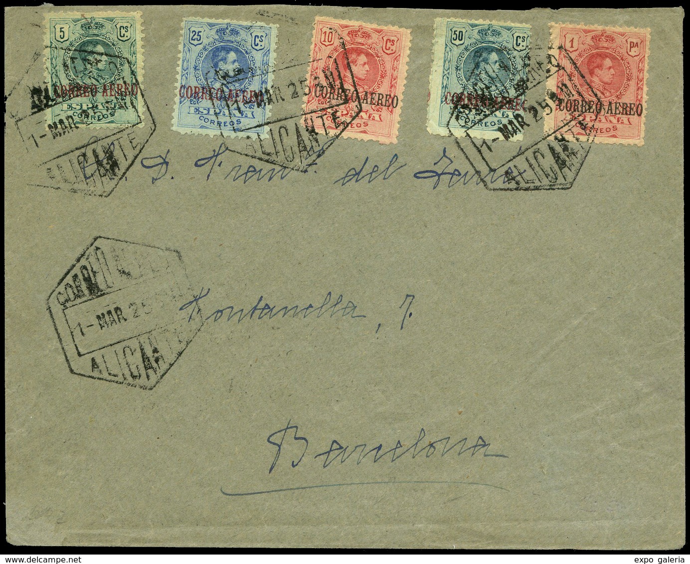 Ed. 292/6 - “01/Marzo/1925 Correo Aereo-Alicante” A Barcelona. Hay Llegada. Muy Bonita. - Unused Stamps