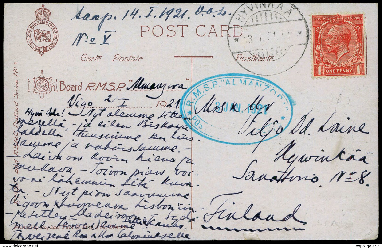 T.P.(sello Inglés) 1921. Vigo. Preciosa Tarjeta Postal Con Membrete Y Marca “R.M.S.P. Almanzora” Cda A Finlandia - Unused Stamps