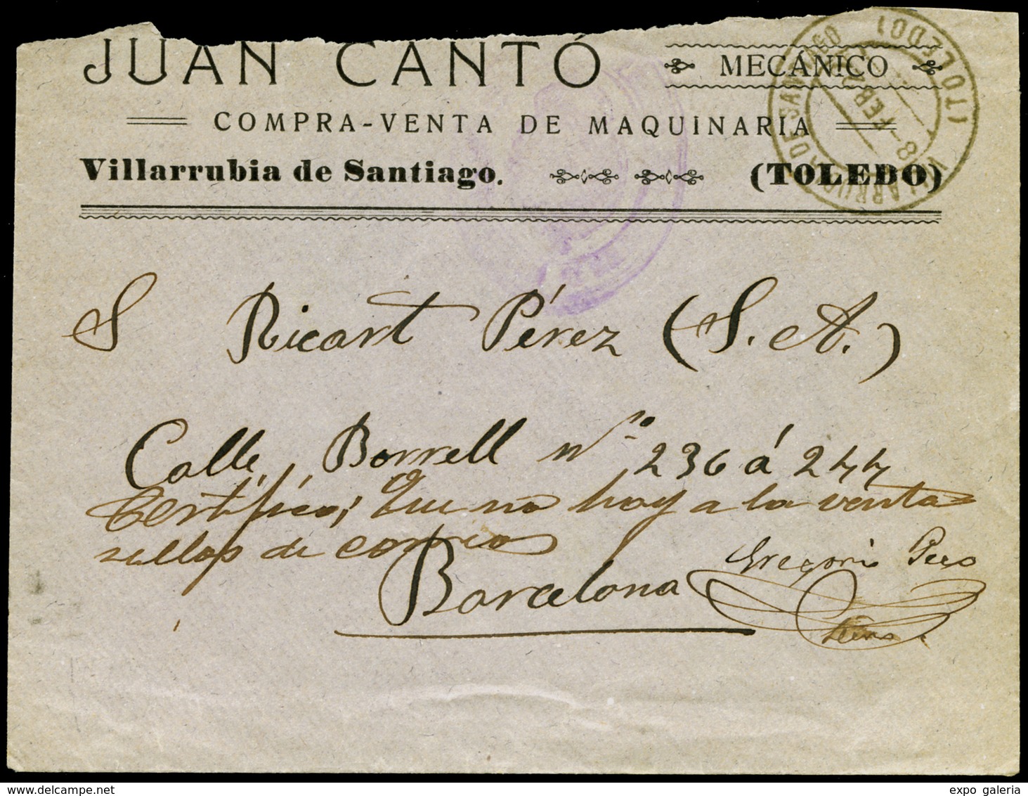 Carta Cda Desde Villarrubia De Santiago (Toledo) A Barcelona Sin Sellos Y Con Marca Alcaldía - Unused Stamps