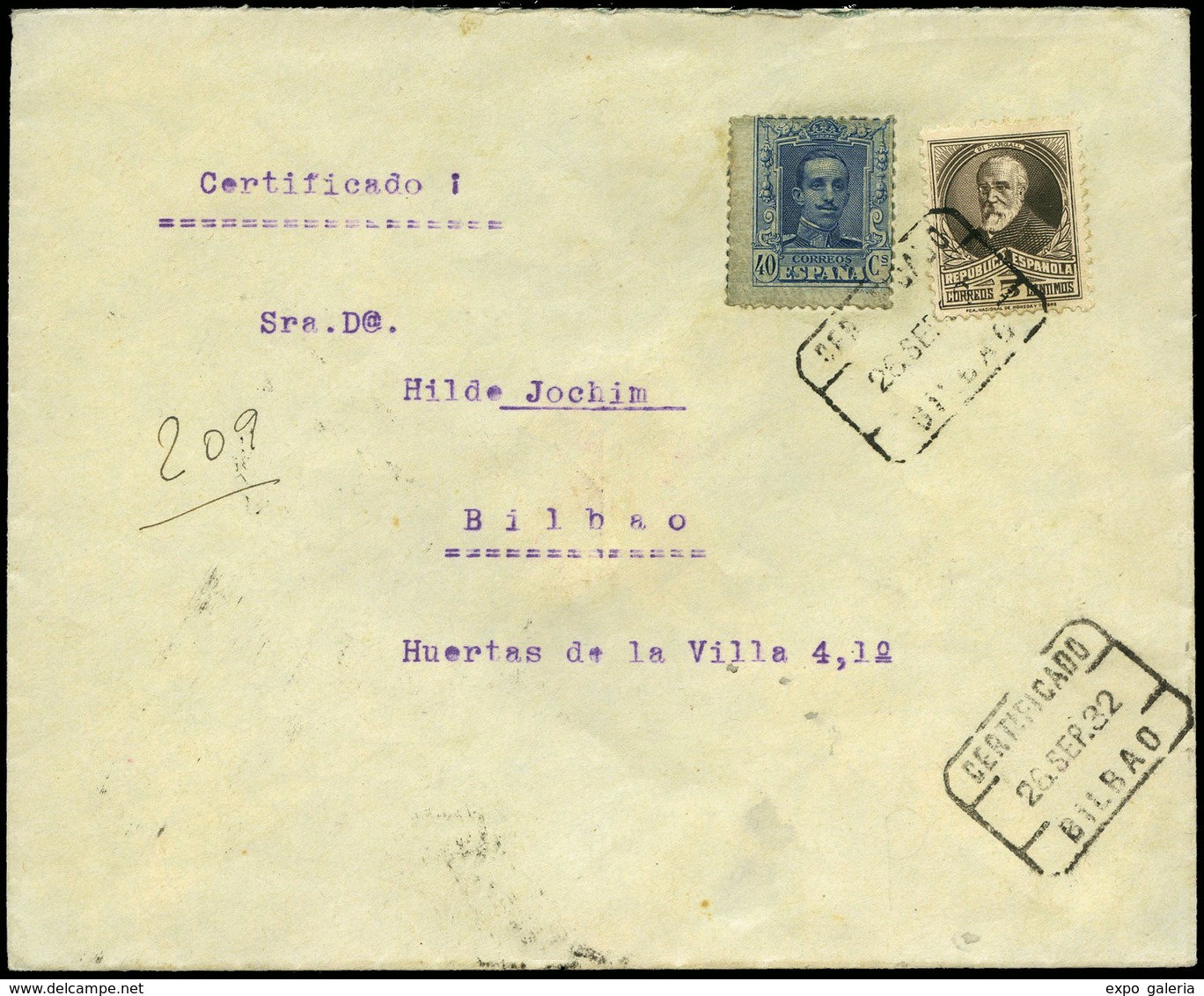 Ed. 318+663 - Carta Cda Correo Certificado De Bilbao. Precioso Y Escaso Franqueo Monarquía Y República - Unused Stamps