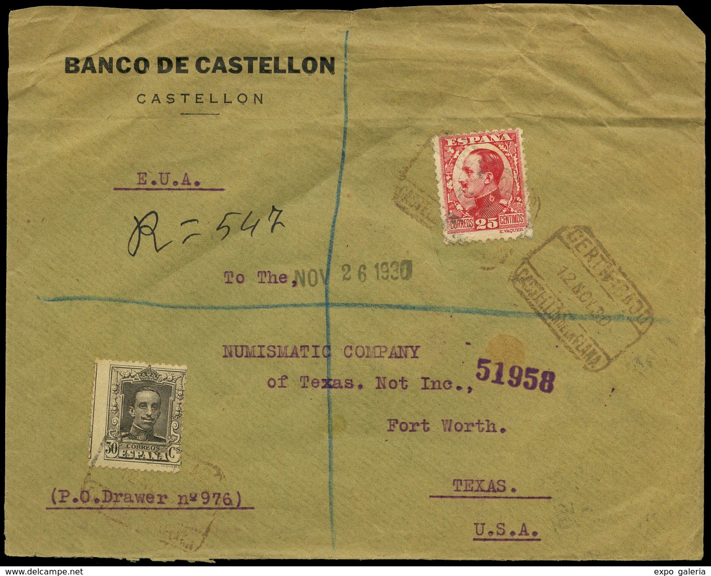 Ed. 318-495 - Carta Cda, Correo Certificado De Castellón A Texas 12/11/30. Escaso Franqueo 2 Emisiones. - Ungebraucht