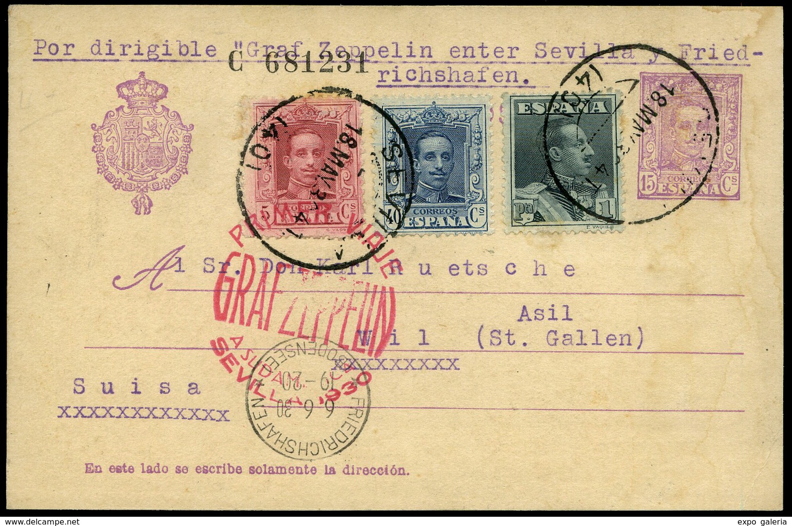 Ed. E.P.57+Esp.321-319-312 - Zeppelín.1930. 1º Viaje Graff Zeppelín A Sudamerica (Sieger 58) E.P. Cdo A Suiza - Unused Stamps