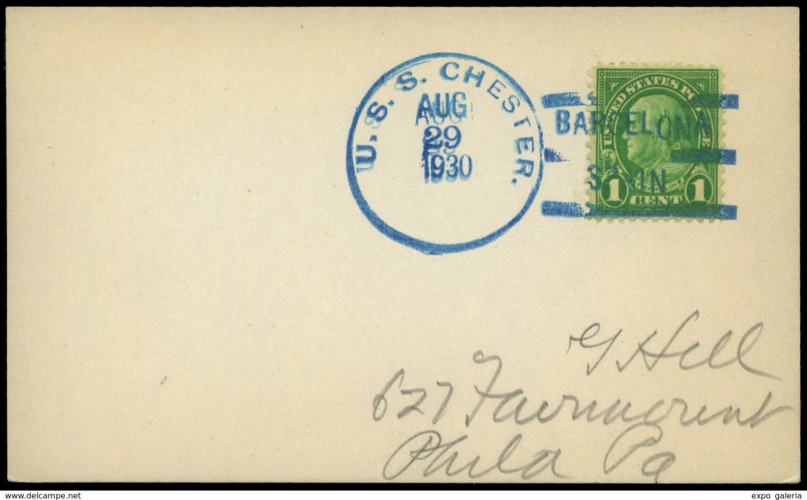 T.P. Sello USA 1930.Barcelona. Tarjeta Postal Cda A USA Con Fechador “USS Chester 29/08/30. Barcelona” - Ungebraucht