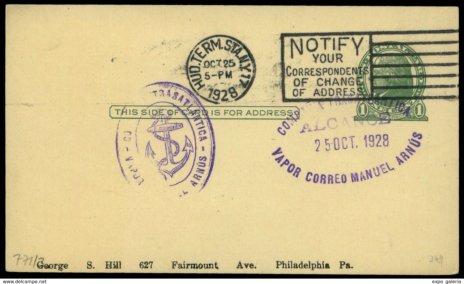 E.P. USA 1928. E. Postal Cdo Con Rodillo “Hund Term. Sta. N.Y. 25/Oct/28” Y Marca “Compañia Transatlántica…" - Ungebraucht