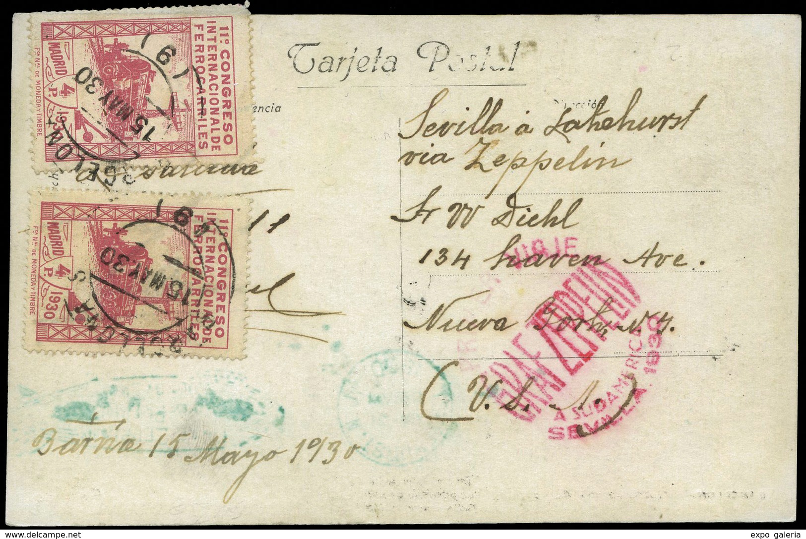 Ed. T.P 480(2) 1930. Zeppelín. Tarjeta Cda Con 2 Ejemplares De 4 Pts. Ferrocarril, Por Graff Zeppelín A Nueva York - Unused Stamps