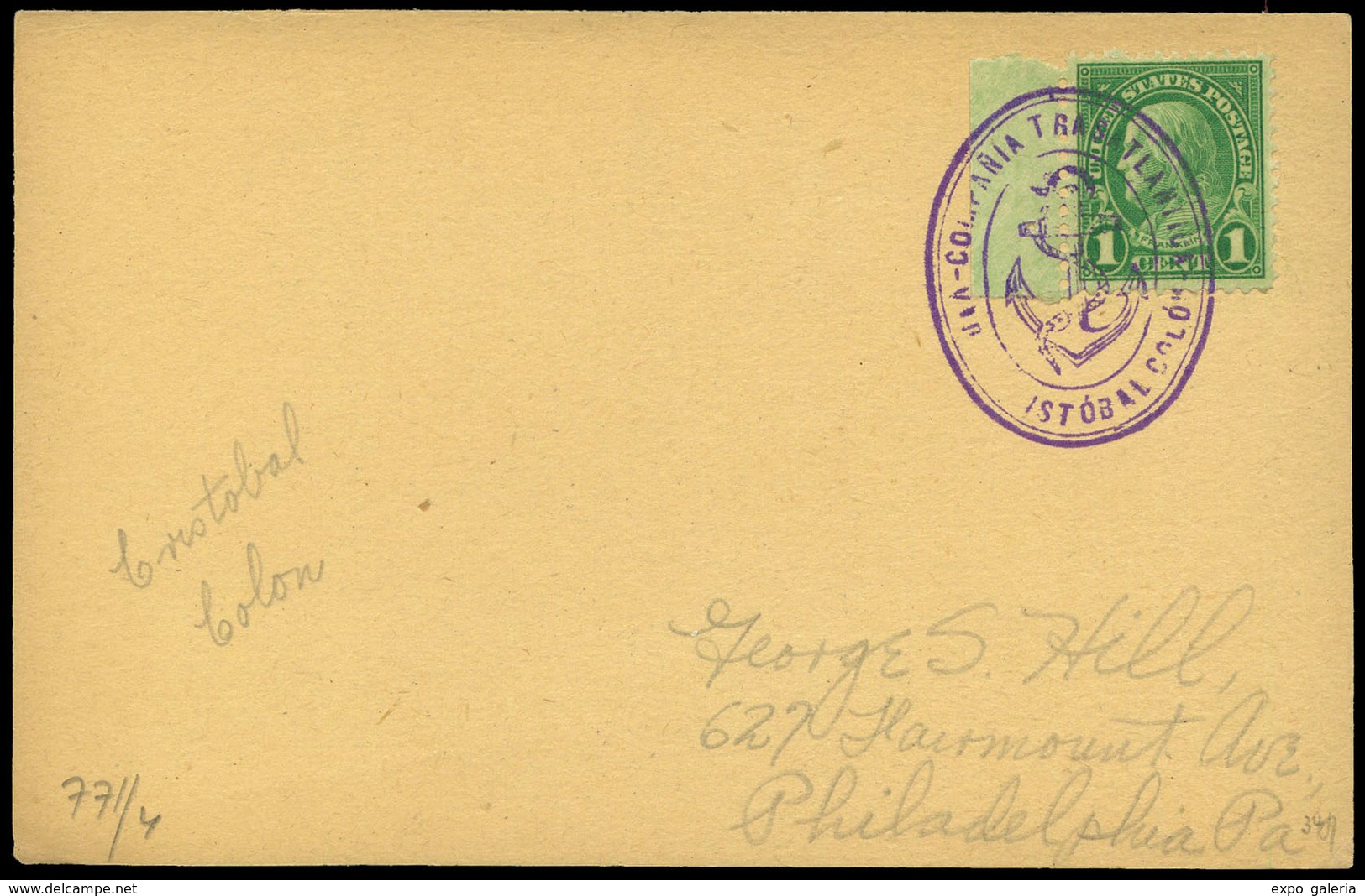 T.P 1930. Tarjeta Postal Con Sello USA Y Marca Ovalada “Vapor Compañía Transatlántica Cristobal Colon” A USA - Unused Stamps