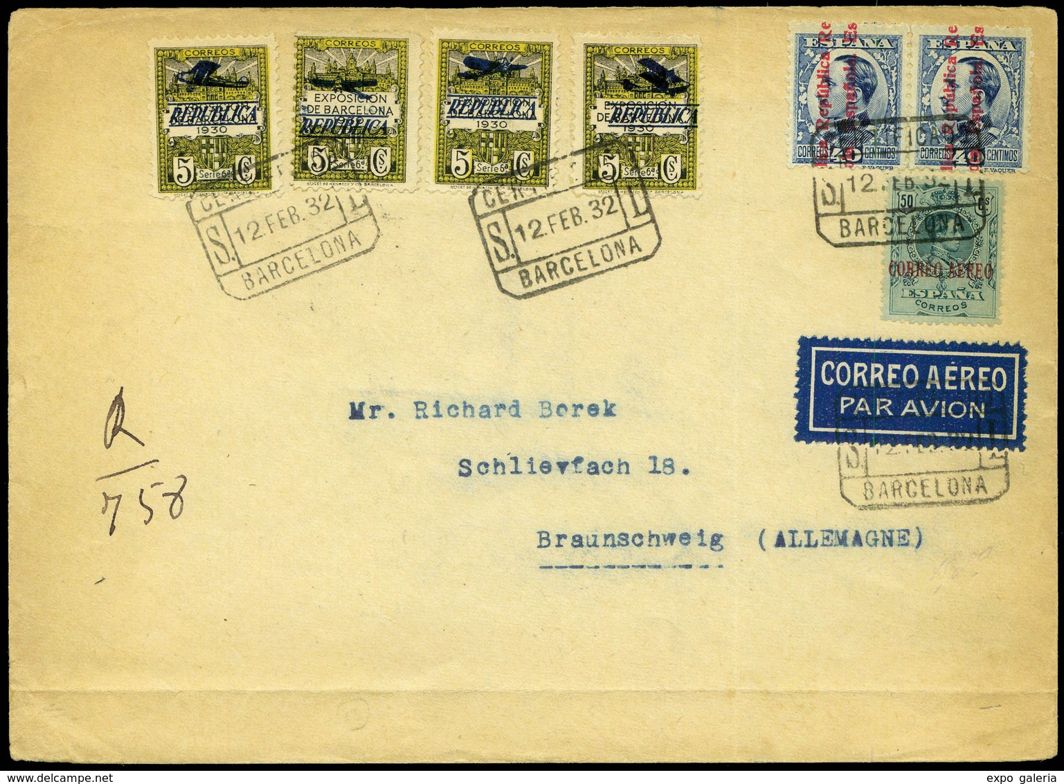 Ed. 600(2)+ Barna NE9/12 1932. Carta Cda Correo Aereo Certificado De Barcelona A Alemania - Neufs