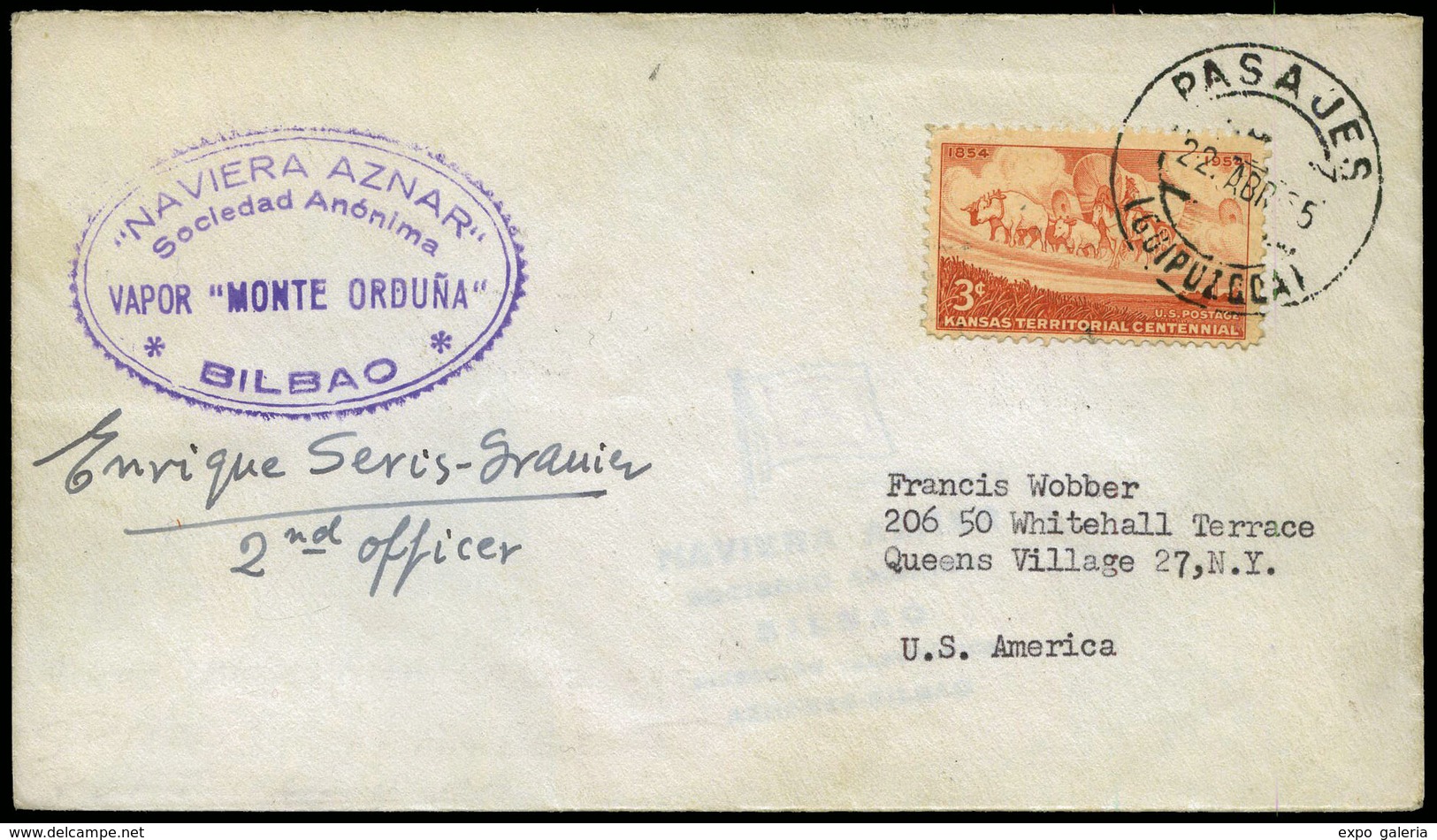 Sello USA 1935.Fechador “Pasajes 22/IV/35” Sobre Sello Y Marca “Vapor Monte Orduña” - Unused Stamps