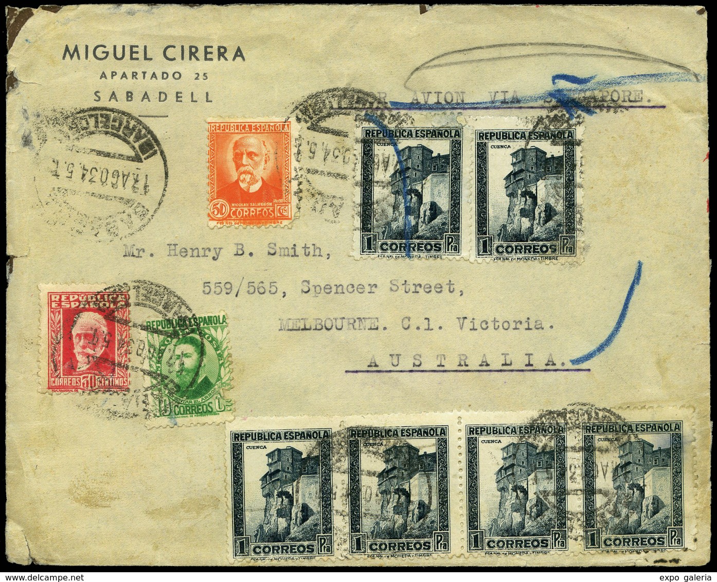 Ed. 664-669-671 - 1934. Carta Cda Correo Aereo De Sabadell A Australia (via Singapur) - Neufs