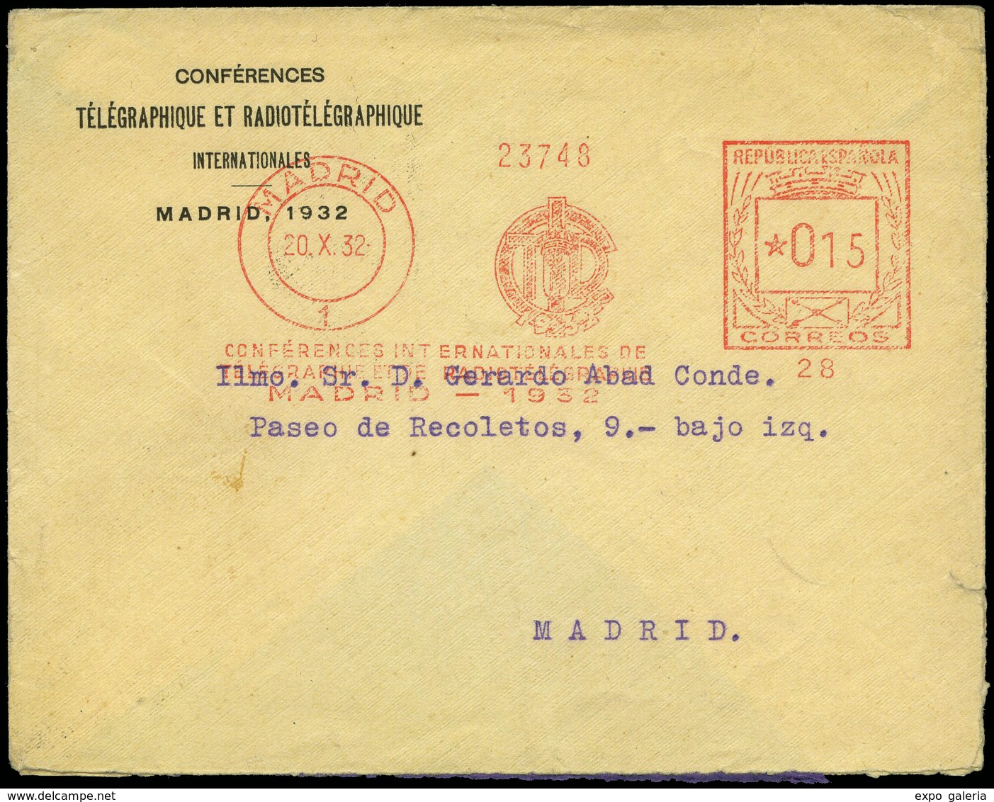 1932. “Conferencia Internacional Telegráfica Y Radiotelegráfica.Madrid 1932” Carta Cda A D. Gerardo Abad Conde - Unused Stamps