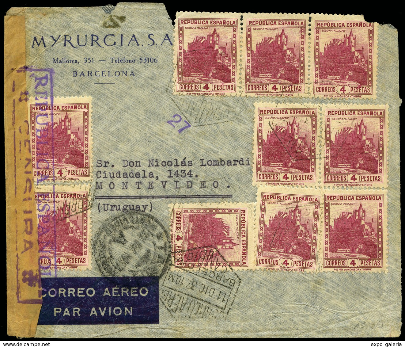 Ed. 674(14)+673 - 1937. Carta Cda Correo Aereo De Barcelona A Montevideo. Espectacular Y Raro Franqueo. Ex Aracil. - Neufs