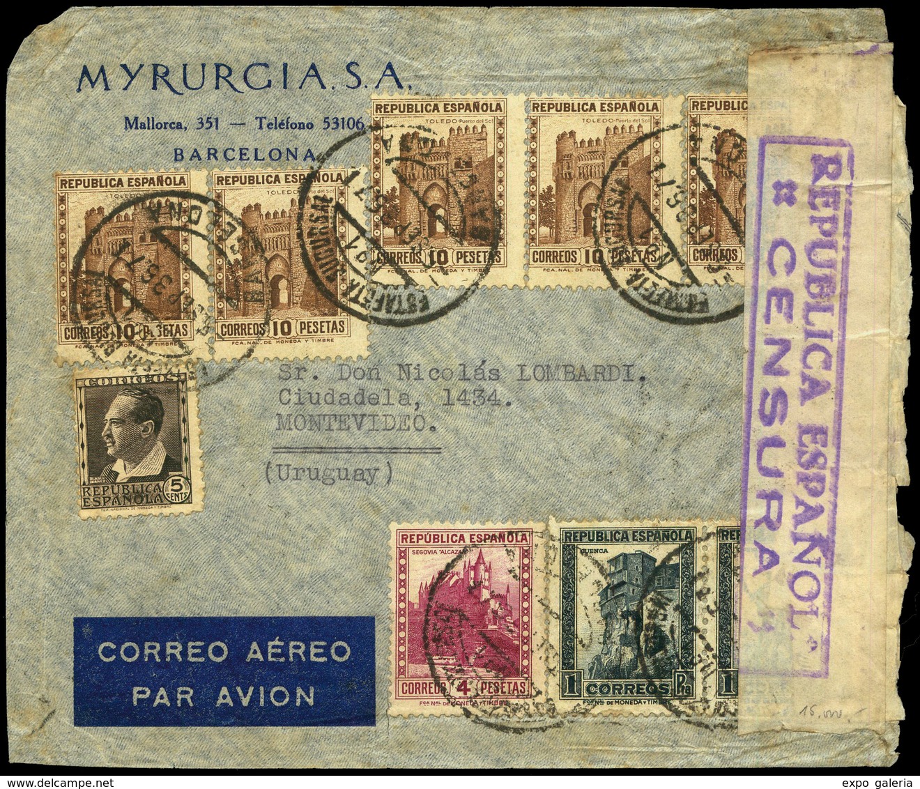 Ed. 675(5)+673 - 1936. Carta Cda Correo Aereo De Barcelona A Montevideo. Espectacular Y Raro Franqueo. Ex Aracil. - Neufs